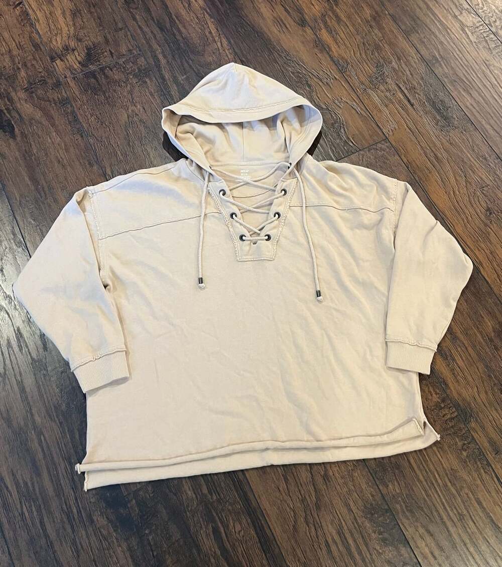 Aerie Sunday Soft Lace-Front Oversized Beige Hoodie Sweatshirt